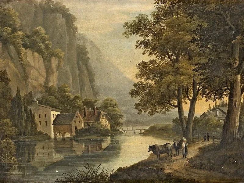 1774-Axel Otto Mörner - Paesaggio montano fluviale con edifici